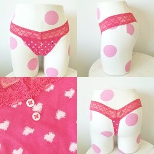 Aerie Pink Cotton Lace Heart Buttons Strappy Thong Panty NWT